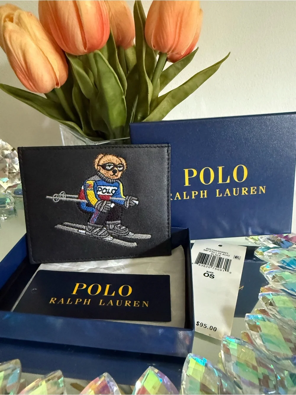 Polo Ralph Lauren Ski Bear Embroidered Leather Card Holder Black NWT Gift Box